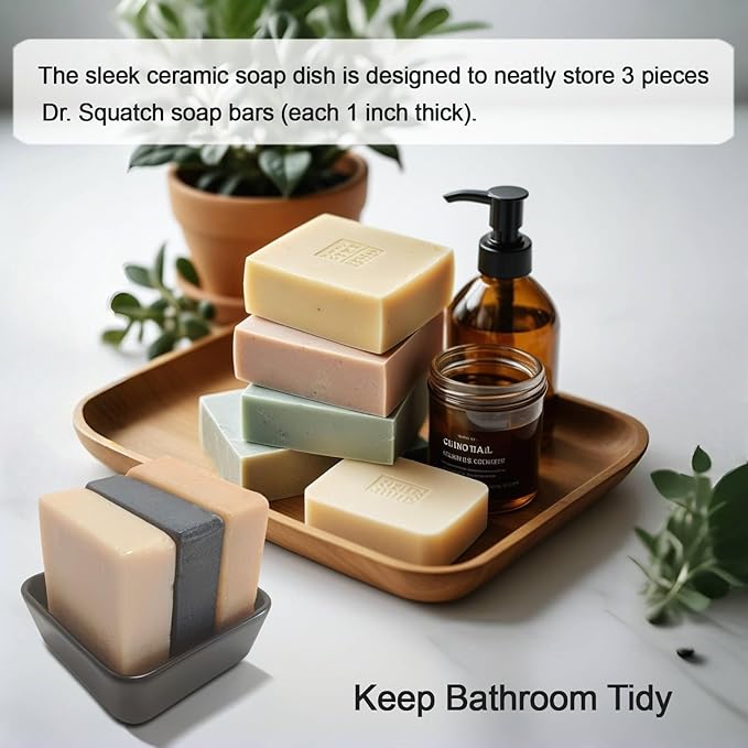 Ceramic Soap Dish with Drainer, Square Soap Holder for Bathroom, Shower, Kitchen Sink - Soapbox Saver Tray Dr. Squatch Bar Container Keeps Dry, Easy to Clean, Compact & Stylish (1, Black)