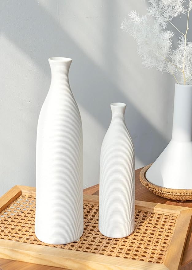 10 Inch White Ceramic Flower Vase, Textured Ribbed Minimalist Decorative Modern Vase for Pampas Grass, Table, Bookshelf, Mantel, and Entryway Home Decor