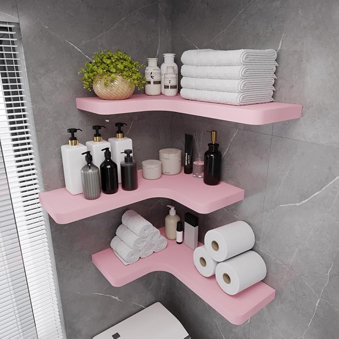 SAUMONIERES Corner Floating Shelves 24 Inch Wall Mount Shelf Solid Wood for Bedroom Bathroom Kitchen Storage Set of 2, Pink