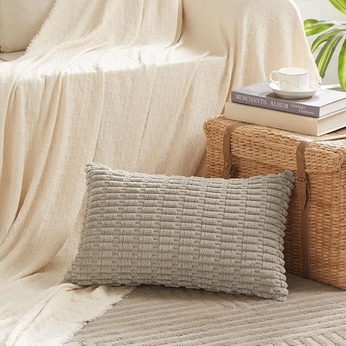 Fancy Homi 4 Packs Taupe Decorative Throw Pillow Covers 12x24 Inch for Living Room Couch Bed, Rustic Modern Farmhouse Boho Home Decor, Soft Plush Corduroy Cute Square Accent Cushion Case 30x60 cm