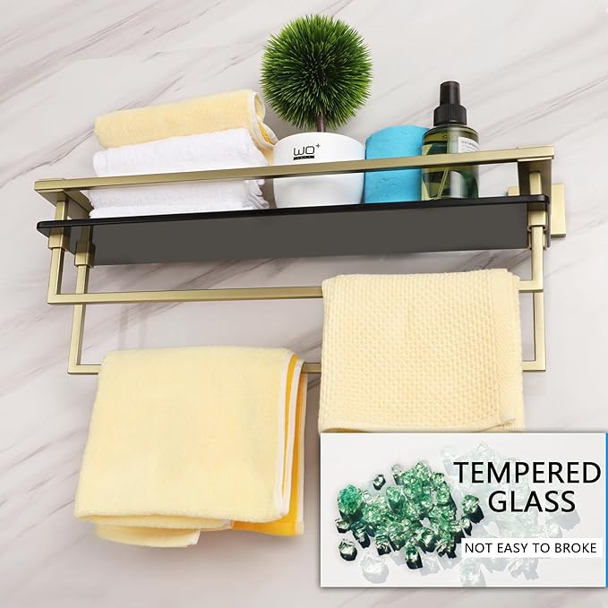 Bathroom Glass Shelf with Bars 20-Inch Floating Tempered Glass Shelves with 2 Towel Rails Cologne Shelf for Men Shower Bath Storage Glass Rack Wall Mount Heavy Duty Black and Gold,A7617GK