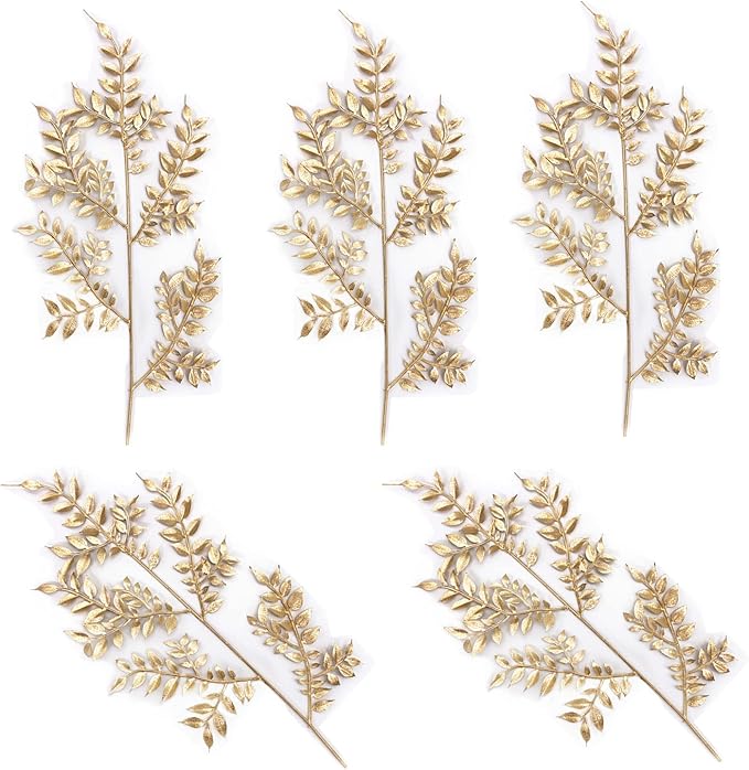 Gold Leaves Decorations for Christmas Artificial Golden Plants Fake Leaf - 17 Inch 5 Pack, Faux Foliage Simulation Flowers Grass Xmas Decor Plant Bushes Indoor Outdoor Wedding Table Centerpiece DIY