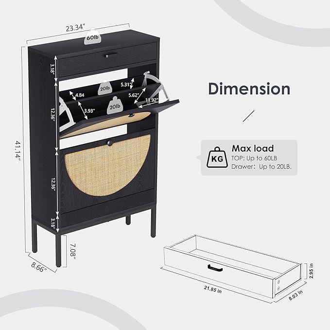 Yechen Shoe Rack Storage Organizer with 2 Natural Semi-Circular Rattan Doors, Entryway Wooden Shoe Cabinet for Sneakers, Leather Shoes,Heels (2 Piece, Black)