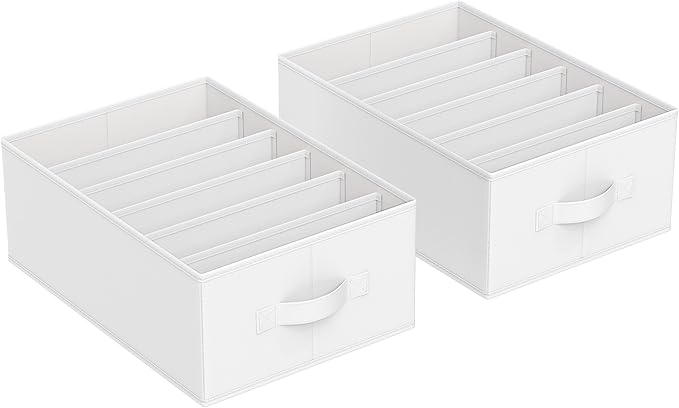 SONGMICS Set of 2 Large Size Wardrobe Clothes Organizers, 6-Compartment Foldable Drawer Organizers with Handles, 16.5 x 11.8 x 6.7 Inches, for Pants, Sweaters, Jeans, Cloud White URUS009W02