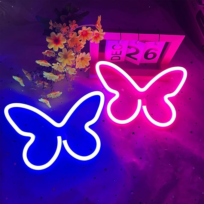 2 Butterfly Neon Signs, LED Night Lights for Bedroom & Kids Room Decor, USB/Battery Powered for Wedding, Birthday Parties & Art Decorations