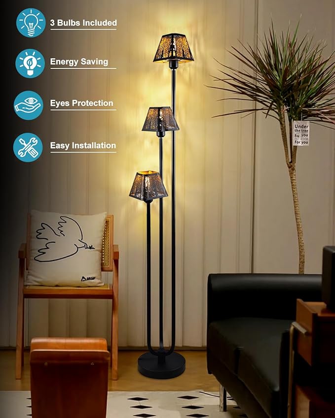 63IN Black Floor Lamp, Unique 3 Poles Tall Standing Lamps with Metal Shade, 3000K Warmwhite Mid Century Modern Floor Lamp for Living Room Home Office(Bulbs Included)