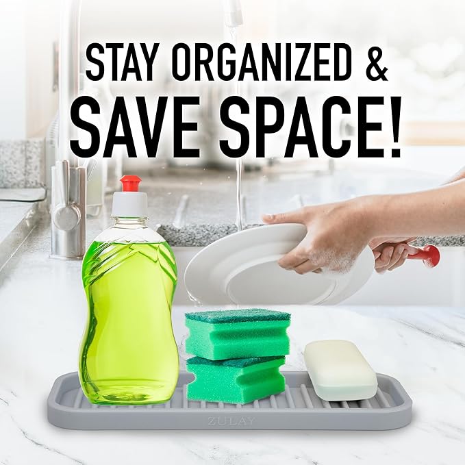 Zulay Kitchen (9x3.5) Silicone Sponge Holder for Kitchen Sink - Flexible Multipurpose Soap Tray - Sink Organizer for Kitchen, Bathroom, Makeup, Trinkets & More (Gray)