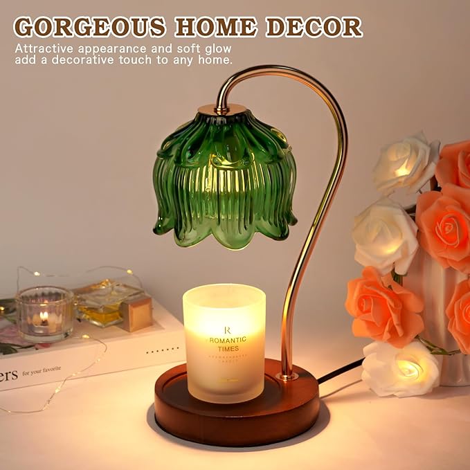 Green Candle Warmer Lamp with Timer, Dimmable Flower Candle Lamp Warmer, Birthday Gifts for Women, Mom, Female Friend, Glass Vintage Candle Lamp, Aromatic Candle Warmer Light for Vintage Room Decor