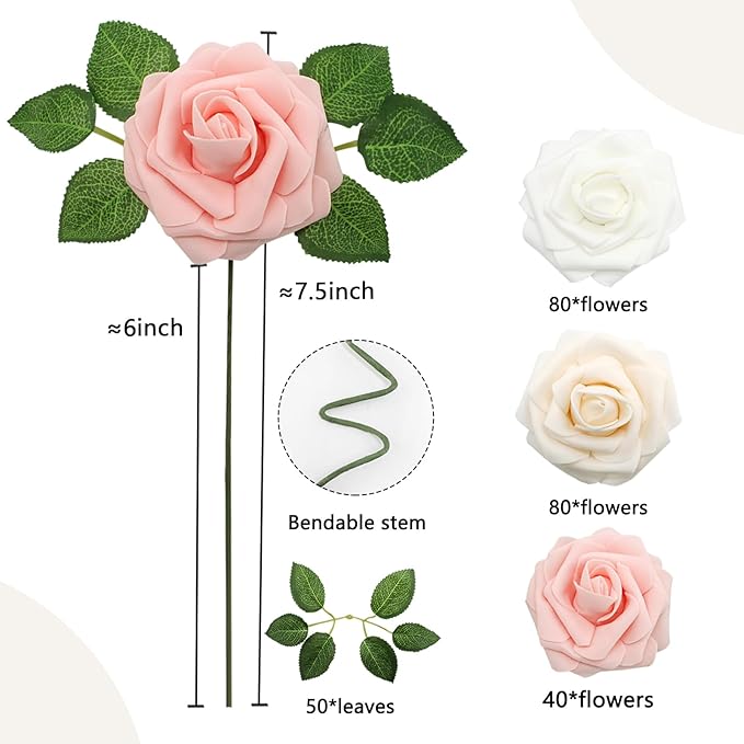 200PCS Artificial Flowers Champagne Mixed Series Roses Real Looking Foam Fake Roses with Leaves for DIY Wedding Bouquets Bridal Shower Centerpieces Party Decorations