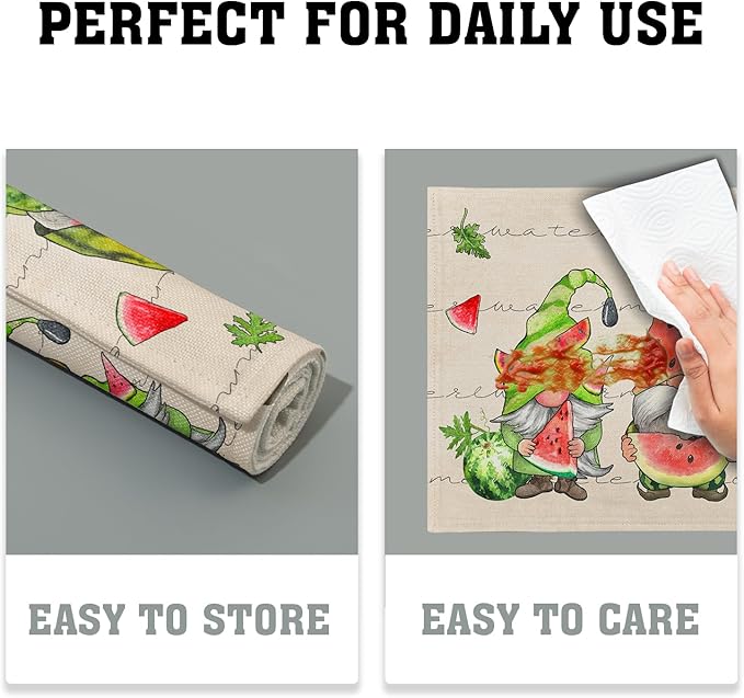 Summer Watermelon Gnomes Placemats Set of 4 12 x 18 Inch,Watercolor Red Watermelon Washable Kitchen Mats Seasonal Place Mat for Kitchen Dining Table Decor