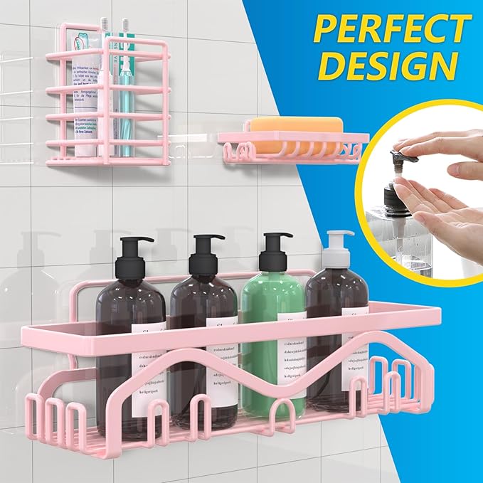 Coraje Shower Caddy - 5-Pack Adhesive Shower Organizer, Large Capacity Rustproof Stainless Steel Bathroom Organizer, Pink