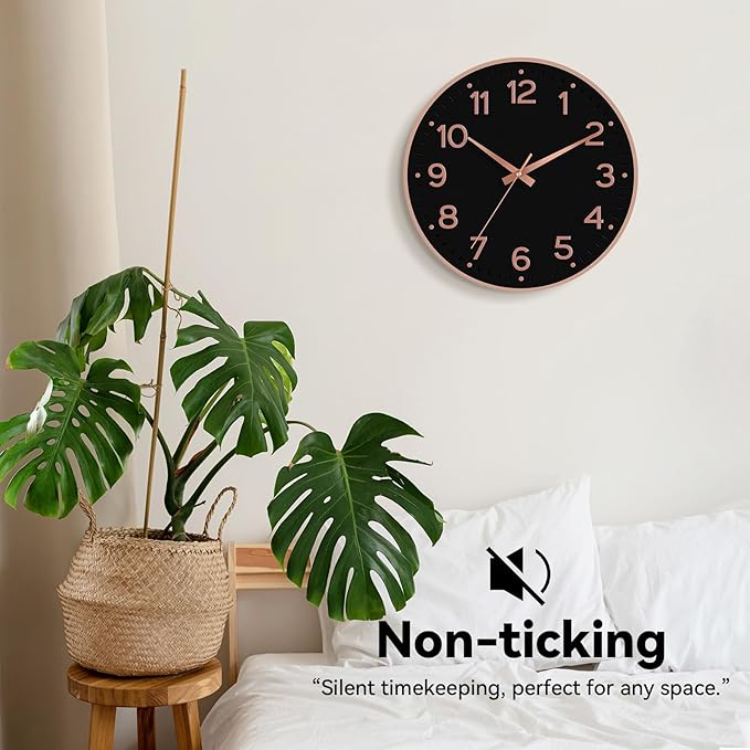 Wall Clock, Silent Wall Clocks Battery Operated 8 Inch-Modern Non Ticking Analog Clock Decorative for Kitchen Office Bathroom Bedroom(Black Rose Gold)