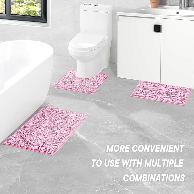 Pink Bathroom Rugs Sets 2 Piece Washable, Luxury ,Chenille Bath Mat Set, Soft Plush Anti-Slip Rectangular Bath, Rug Super Absorbent. (Pink, 32"x20"+32"x20")
