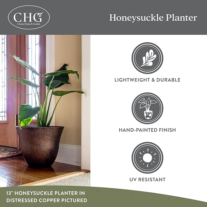 Classic Home and Garden Honeysuckle Resin Planters - Lightweight Indoor & Outdoor Plant Pots - UV-Resistant Plastic Flower Pots - Pot Planters for Flowers & Herbs (13" Stone)