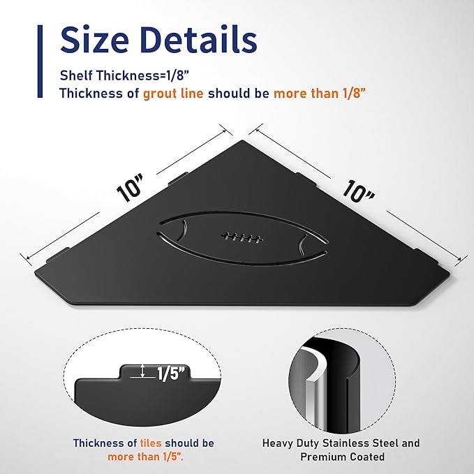 Corner Bathroom Shelf 10", 304 Stainless Steel Pentagonal Heavy Duty Floating Shelf with Football Hollows for Tiled Wall (Black)