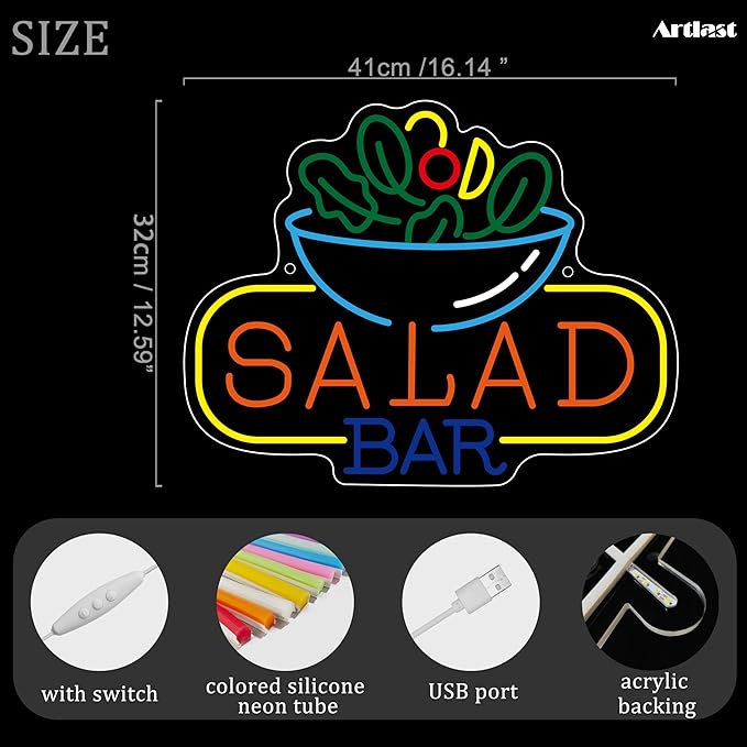 Salad Bar Neon Sign for Wall Decor LED Salad Neon Lights for Home Bar Kitchen Restaurant Buffet Vegan Fresh Vegetables Cafe Party Decoration