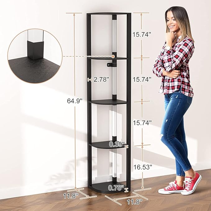 VTRIN Corner Shelf with Light, Modern Home Decor Stand Floor Lamps with Storage Shelves for Collectibles, Sturdy 5-Tier Corner Bookshelf Cabinet Display Shelf for Living Room Bedroom Small Space