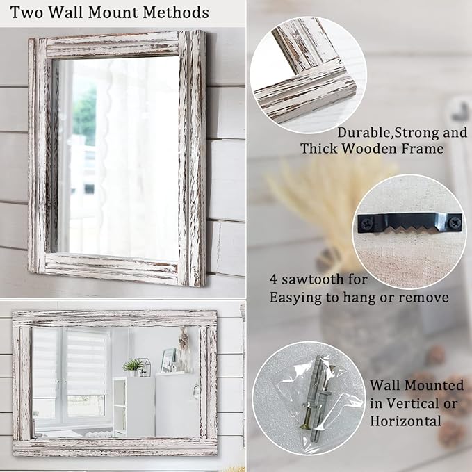 AAZZKANG Large Wall Mirrors 26"x18" Rustic Wood Mirror Rectangle Decorative for Farmhouse Bedroom Bathroom Living Room Dressing Room Home Entryway