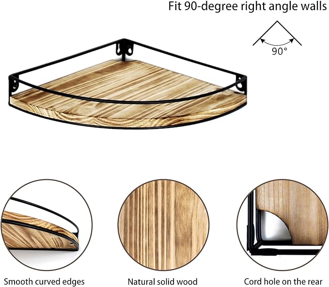 Corner Shelf Wall Mounted, Corner Floating Shelves for Wall, Wood Storage with Cable Hole for Kitchen Living Room Bedroom Bathroom, Rustic Brown Set of 3