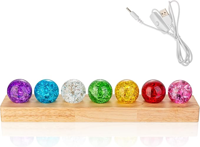 40mm 7 Colors Ice Cracked Glass Crystal Chakra Balls with LED Wooden Base Decorative Ornaments for Home Living Room, Night Sphere as Night Light Decoration and Healing Sphere