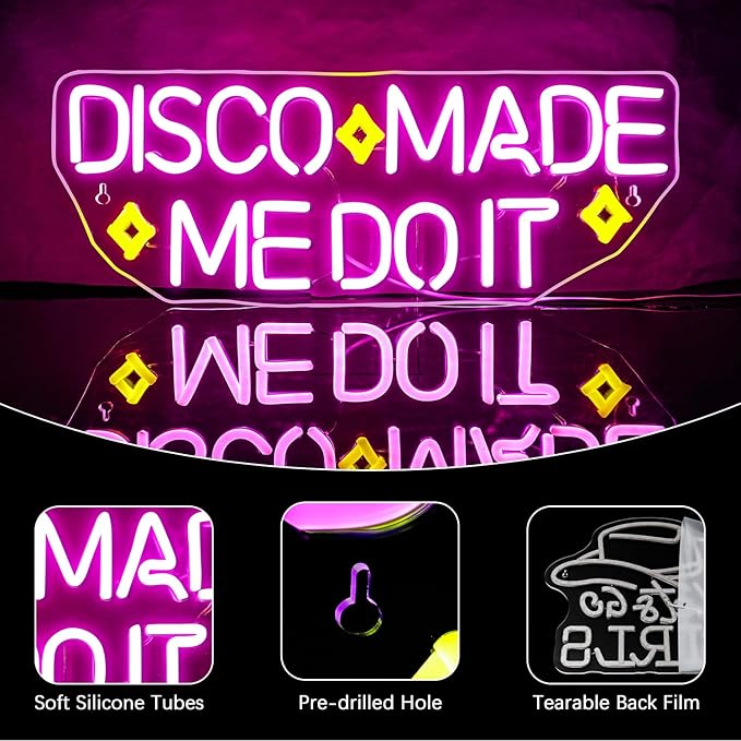 NEONLOVE Disco Made Me Do It Neon Sign - Pink Acrylic USB Disco Light Up Sign for Wall Decor, Bedroom, Bar, Party, Birthday