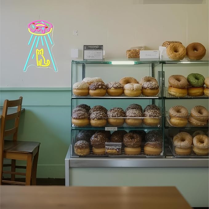 Donut UFO Cat Neon Sign, Dimmable, USB Powered, 5V/2A, 16.5"x10.6" Neon Light for Wall Decor, Donut Shop, Cat Lover, Donut Lover, Kids, Classroom, Bedroom, Cafe, UFO Fans