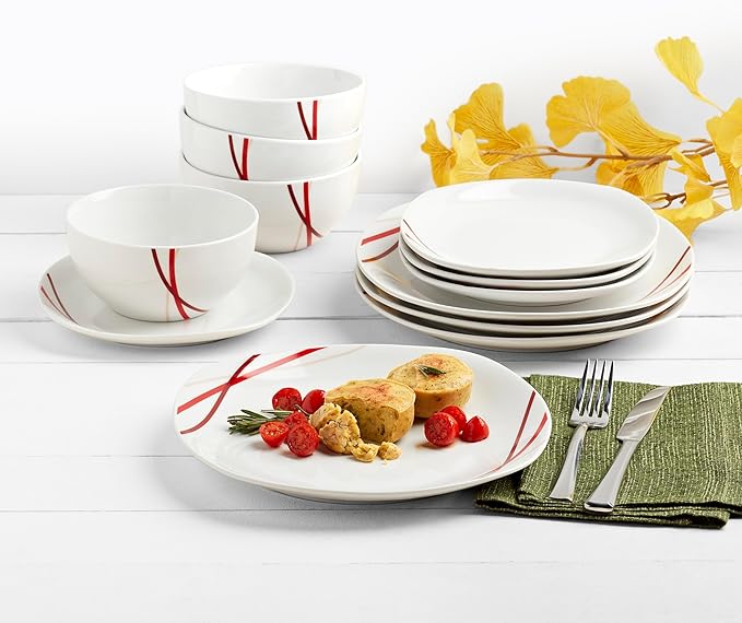 Tabletops Gallery 12-Piece White with Red Stripes Ceramic Dinnerware Set of Kitchen Dishes, Soft Square Dinner Salad Plates Cereal Bowls, Service for 4, Adrian