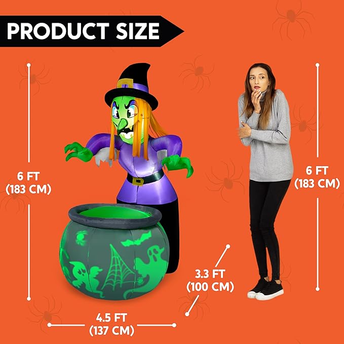 Joiedomi 6 Ft Halloween Inflatable Witch and Cauldron Decoration with Projecting Rotating Green Ghost Light, Inflatable Yard Decor Blow Up with Build-in LEDs for Halloween Party Indoor, Outdoor Decor