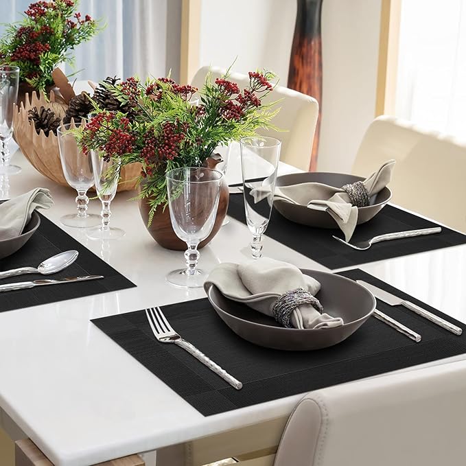 Winknowl Placemats, Set of 8 Heat Resistant Stain Resistant Woven Vinyl Insulation Place mats, Durable Washable Elegant Table Mats for Dining (Black)