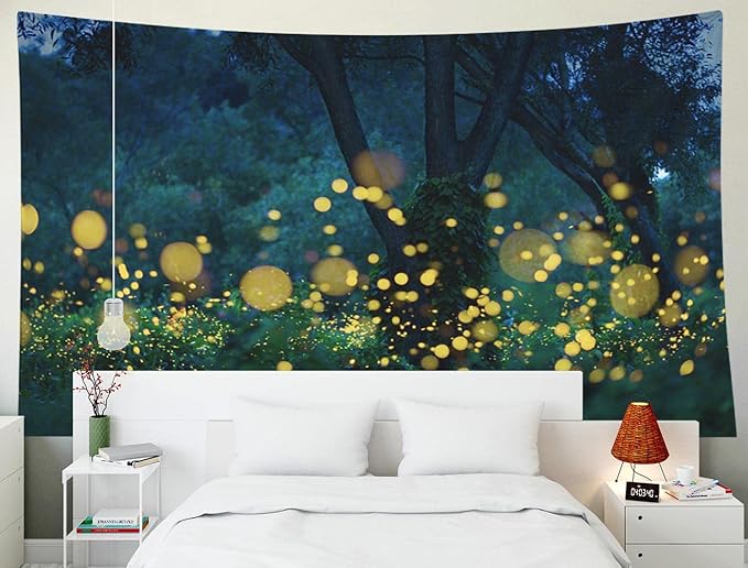 EMMTEEY Tree Tapestry - Night Trees Lightning Bugs Fireflies - Boys 92.5X70.9 for Friends & Families