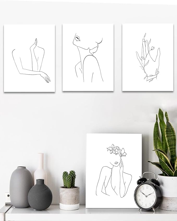 Minimalist Line Art Prints Wall Decor Abstract Flower Line Art Modern Black and White Artwork Women Office Bedroom Bathroom Decoration FRAMED 8"x10" 4 Piece Set