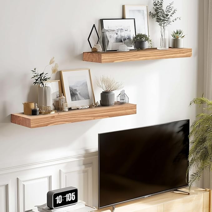 17x8x1.6 inch Floating Shelves Set of 2 – Solid Wood Rustic Oak Wall Mounted Shelf for Kitchen, Bathroom, Living Room