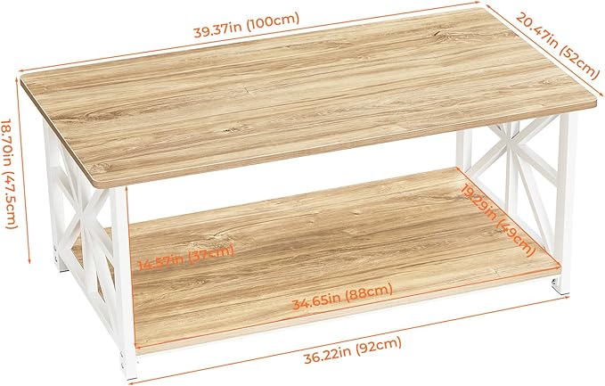 GreenForest Coffee Table with Round Corner, Farmhouse Center Table with 2-Tier Storage Shelf X-Frame Design for Living Room, 39 inch Oak