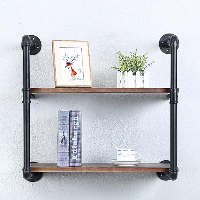 Industrial Pipe Shelving Wall Mounted,24in Rustic Metal Floating Shelves,Steampunk Real Wood Book Shelves,Wall Shelf Unit Bookshelf Hanging Wall Shelves,Farmhouse Kitchen Bar Shelving(2 Tier)