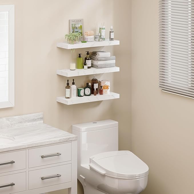 BAMEOS Floating Shelf,Wall Shelf,Decor Wall Mounted Shelves,Hanging Shelf Set of 3,L24xW6 for Bathroom Kitchen Living,Kitchen,Room Bedroom Storage,Jazz White