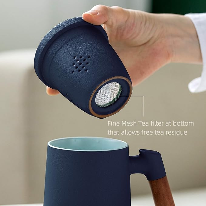ZENS Tea Cup with Infuser and Lid for Loose Leaf Tea Steeper, 12oz Blue Tea Mug with Fine Tea Strainers for Hot Tea Diffusers, Wood Handle Ceramic Tea Mugs Accessories for Tea Lovers Gifts