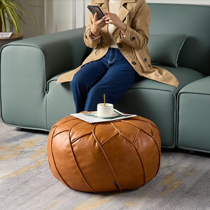 Louis Donné Unstuffed Pouf Cover, Round Foot Stool Ottoman for Foot Rest, Storage Bean Bag Floor Chair, Waterproof Faux Leather Pouffe, Footstool for Living Room, Kids Room or Bedroom (Yellowish)