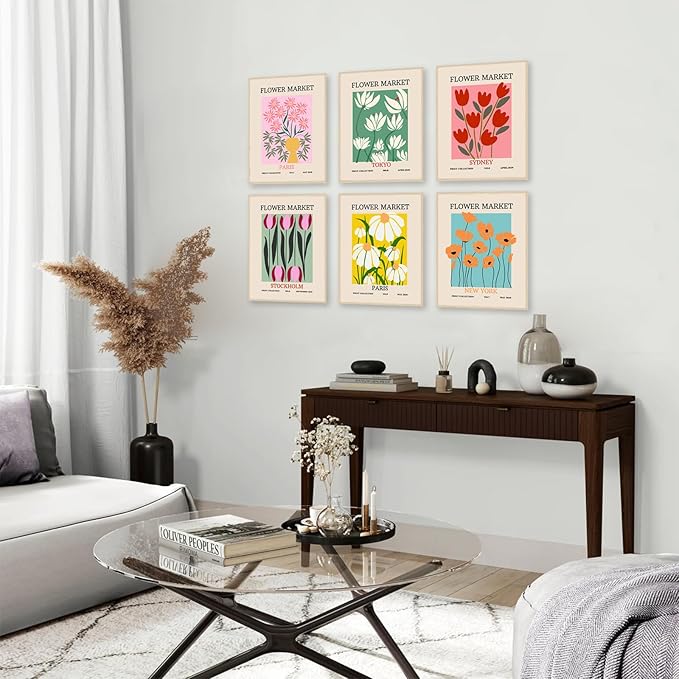 Flower Market Poster Set of 6, Vintage Flower Market Wall Art Prints, Abstract Colorful Floral Wall Art Decor, Minimalist City & Flower Canvas Painting Pictures for Aesthetic Room, Bedroom, Living Room, Gallery, Boho Room Decor(8x10inch, Unframed)
