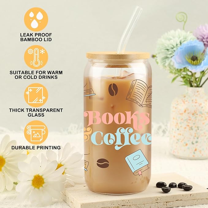 Book Lover Gift, Books & Coffee Glass Tumbler 16 oz, Gifts for Her, Bookish Gifts, Bookworm Club Gift, Secret Santa Present, College Birthday Reading Presents, Iced Coffee Glass with Lid and Straw