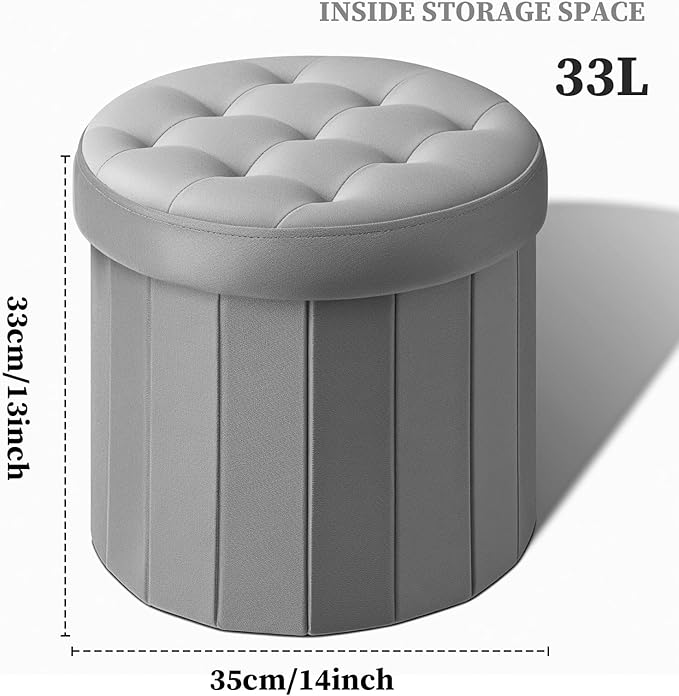 Bsketa® Folding Storage Ottoman Round 14" x 14" x 13"Inch Foot Stool with Thicker Foam Padded Seat Small Velvet Storage Ottoman Bench Foot Rest for Living Room Foldable Coffee Table(Grey)