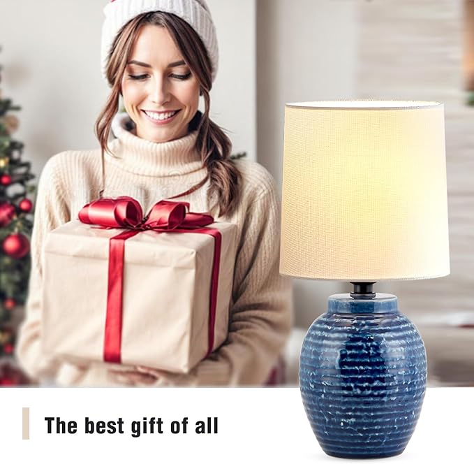 Ceramic Lamps Set of 2 - Mini Farmhouse Lamps Vintage Small Lamps Decorative for Small Spaces Bedroom Nightstand Living Room Reading Desk End Table Lamp, Blue