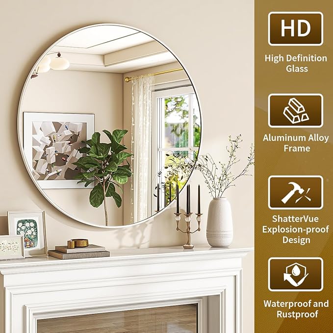 White Round Mirror, 24 Inch Bathroom Mirror with Metal Frame, Wall Wall-Mounted for Entryway, Bathroom, Vanity, Living Room