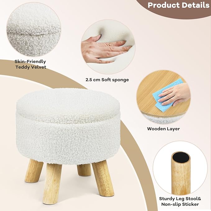 Ottoman Foot Rest, Small Round Ottoman with Storage, Boucle Teddy Velvet Footstool with Wood Legs, Soft Sponge Storage Ottoman for Living Room, Bedroom, Couch, Enterway (Cream)