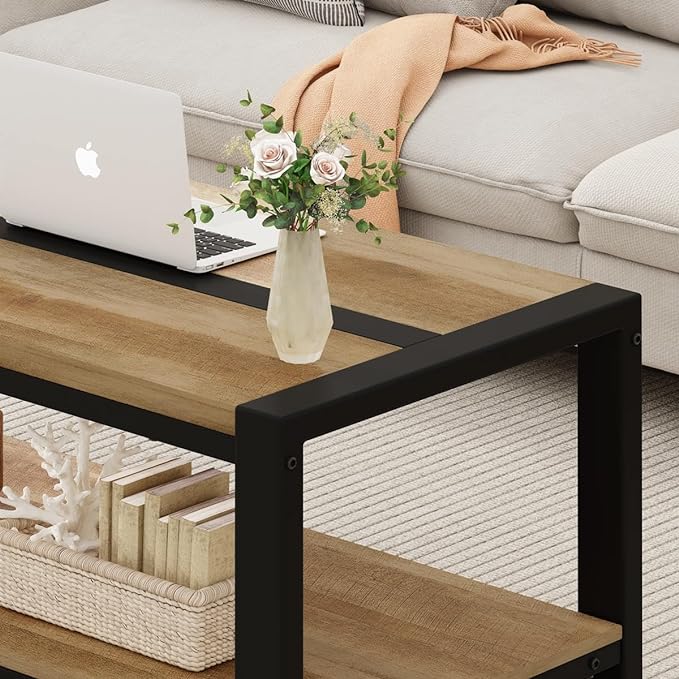 BON AUGURE Wood Coffee Table, Rectangle Coffee Tables for Living Room, Farmhouse Living Room Center Tables, Low Cocktail Tea Table with Rounded Corner (Vintage Oak, 43 Inch)