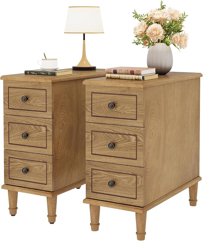 Tribesigns Solid Wood End Table, Fully Assembled Narrow Side Table with Drawers, Pre-Assembled Nightstand Slim Bedside Table for Small Spaces, Living Room, Bedroom, Wood Color, 2 Pcs
