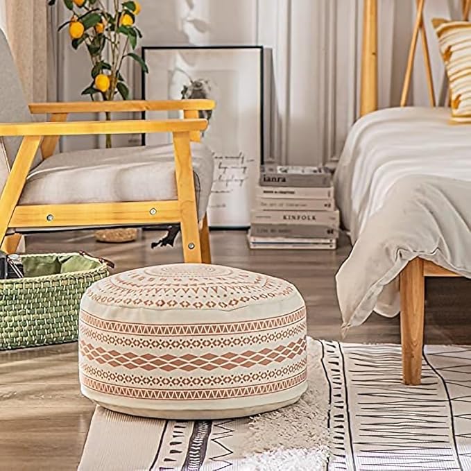 MOCOFO Unstuffed Round Pouf Covers Boho Colorful Geometric Ottoman Pouf Cover with Handle Design,Decoration Footstool for Living Room,Bedroom,Patio (Light Green,18x18x8)
