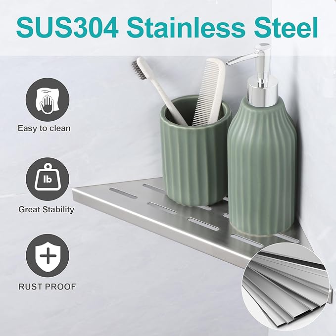 10" Corner Shower Shelf, 2-Pack Bathroom Shelves for Tile Walls, SUS304 Stainless Steel Recessed Shower Shelf, Grout in Corner Organizer Shelves, Brushed Silver