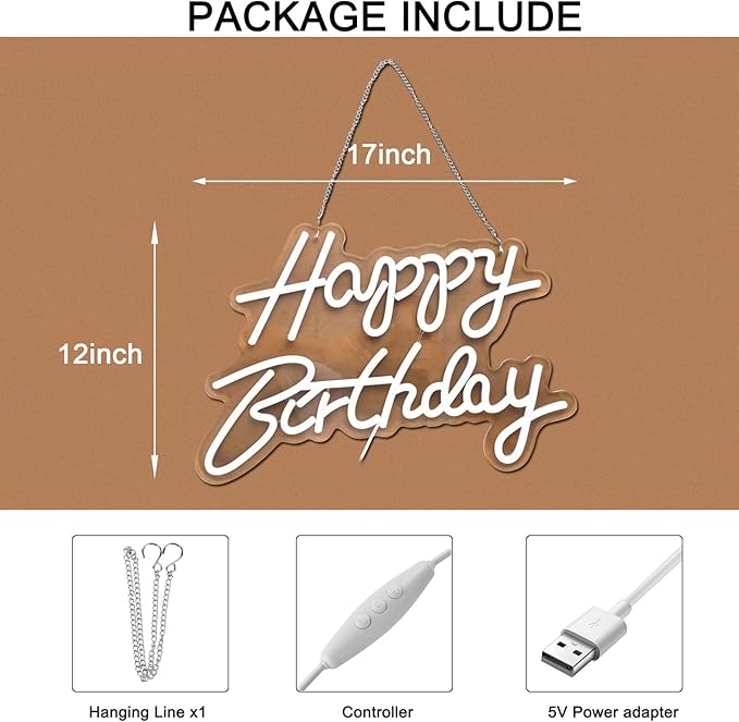 Happy Birthday Neon Sign for Wall Decor, with Dimmable Switch, Reusable Neon Light Sign for All Party Decoration(17X12inches,White)