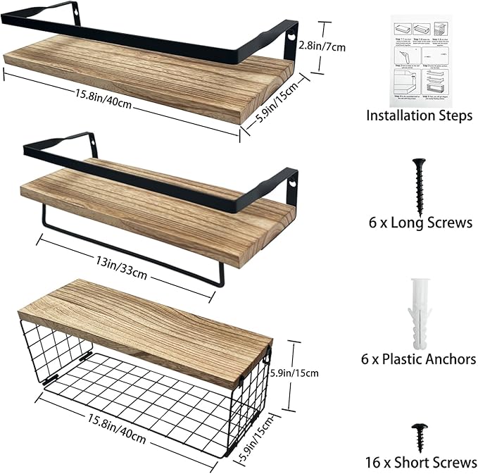 Floating Shelves Bathroom,Set of 3 Wall Mounted Shelves with Storage Baskets,Wall Shelves for Bathroom Wall Organizer,Over Toilet