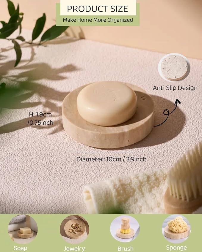Natural Travertine Soap Holder, Round Marble Soap Dish for Shower, Bathroom Ceramic Soap Bar Holder, Decorative Rustic Soap Dishes, Farmhouse Kitchen Sink Sponge Tray with Non Slip Bottom